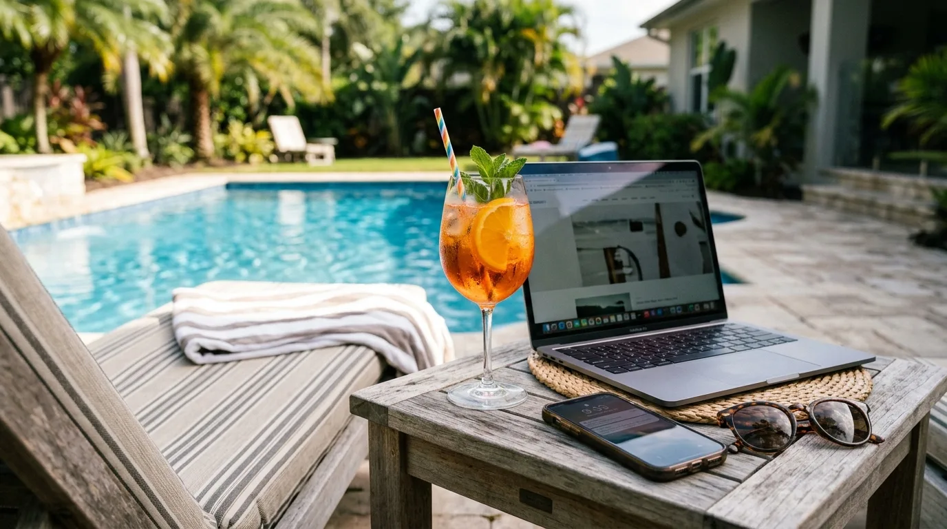a laptop and a cocktail beside a swimming pool