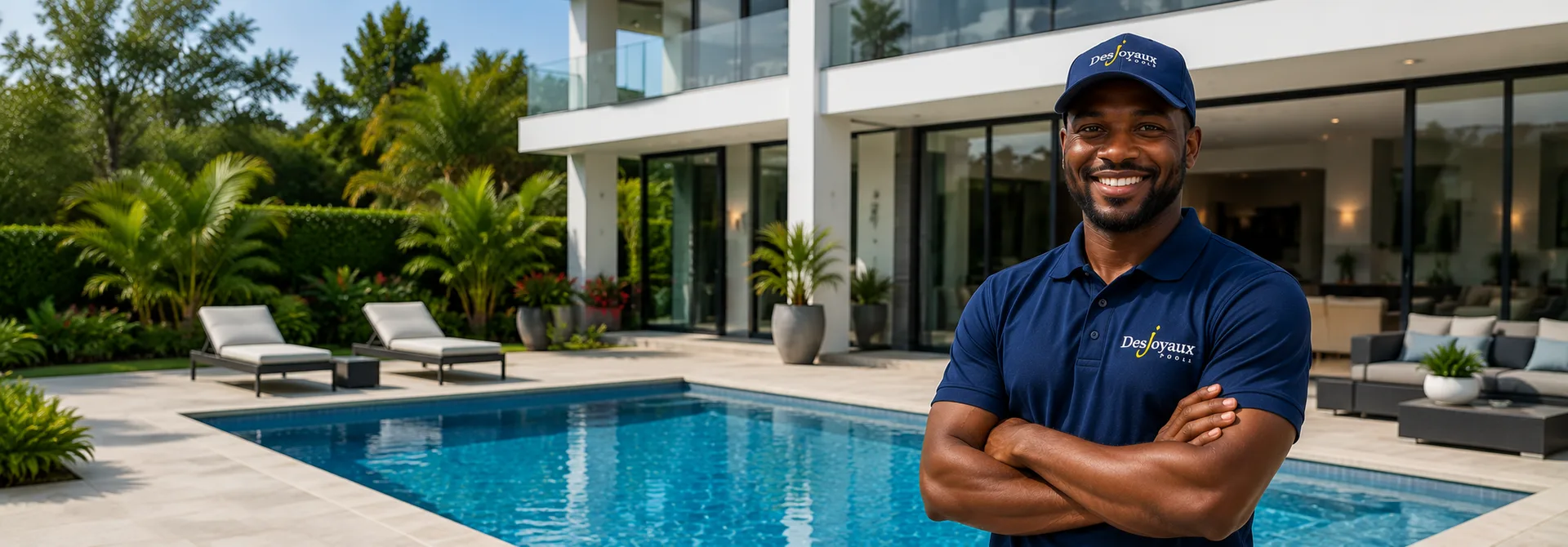 a Desjoyaux technician standing beside a swimming pool