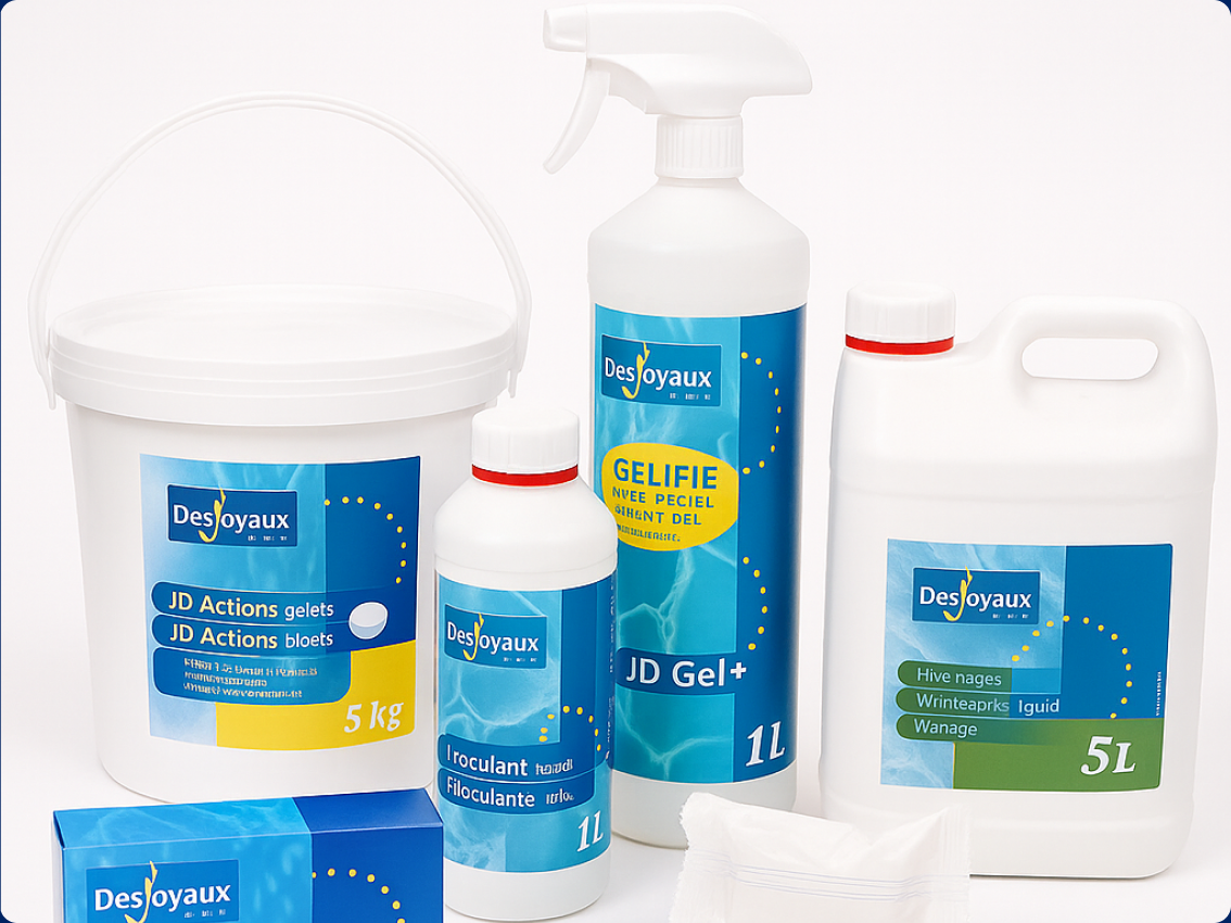 a range of Desjoyaux pool chemical products
