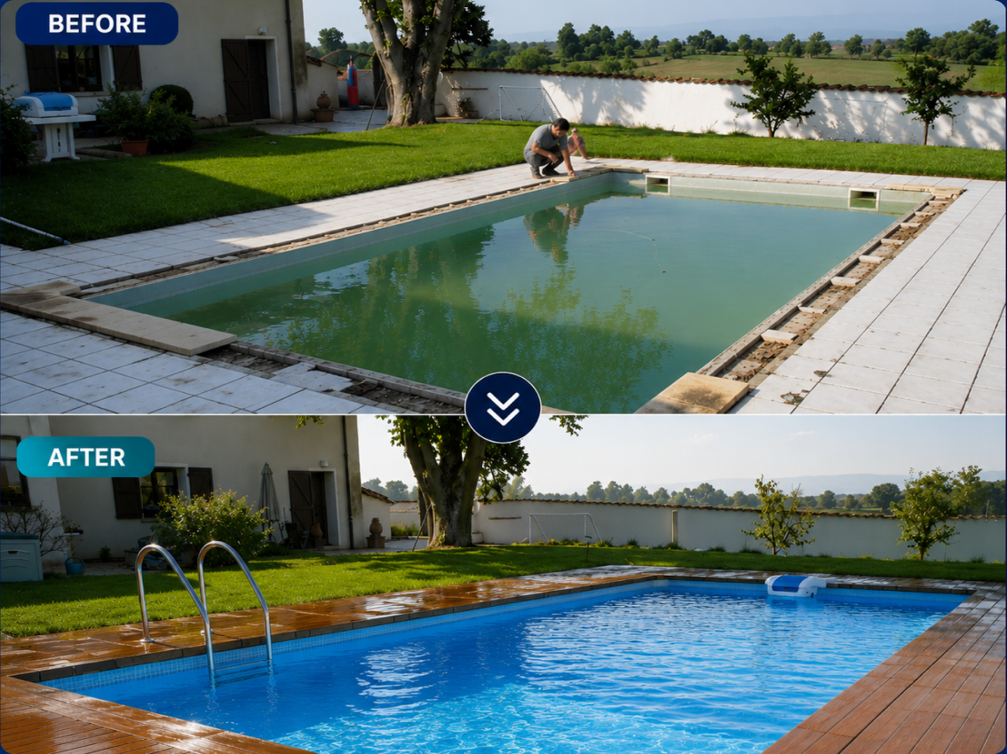 a pool before and after renovation
