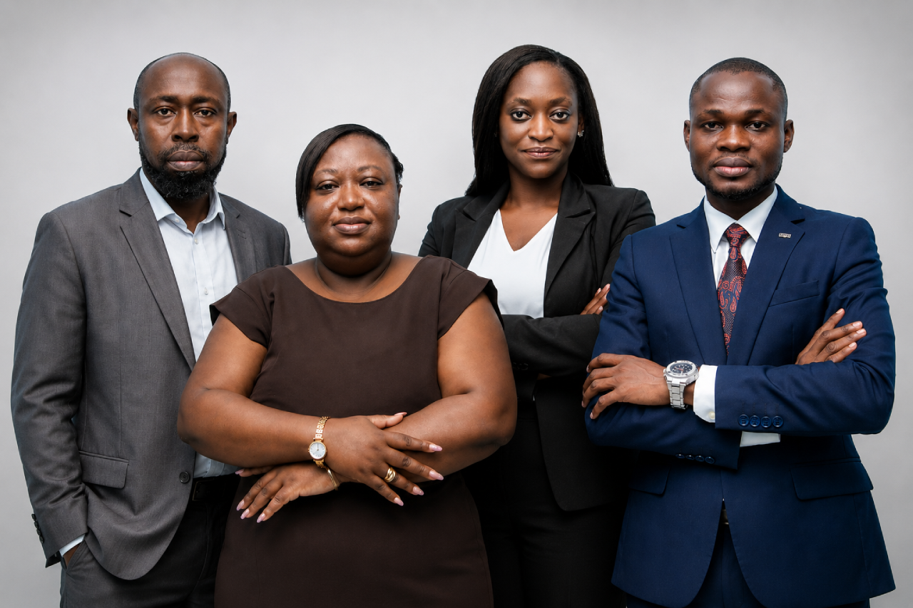 the Desjoyaux Pools Ghana team standing beside a pool at dusk