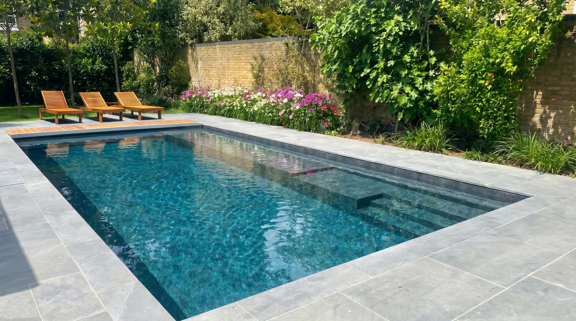 a swimming pool surrounded by loungers and flowers