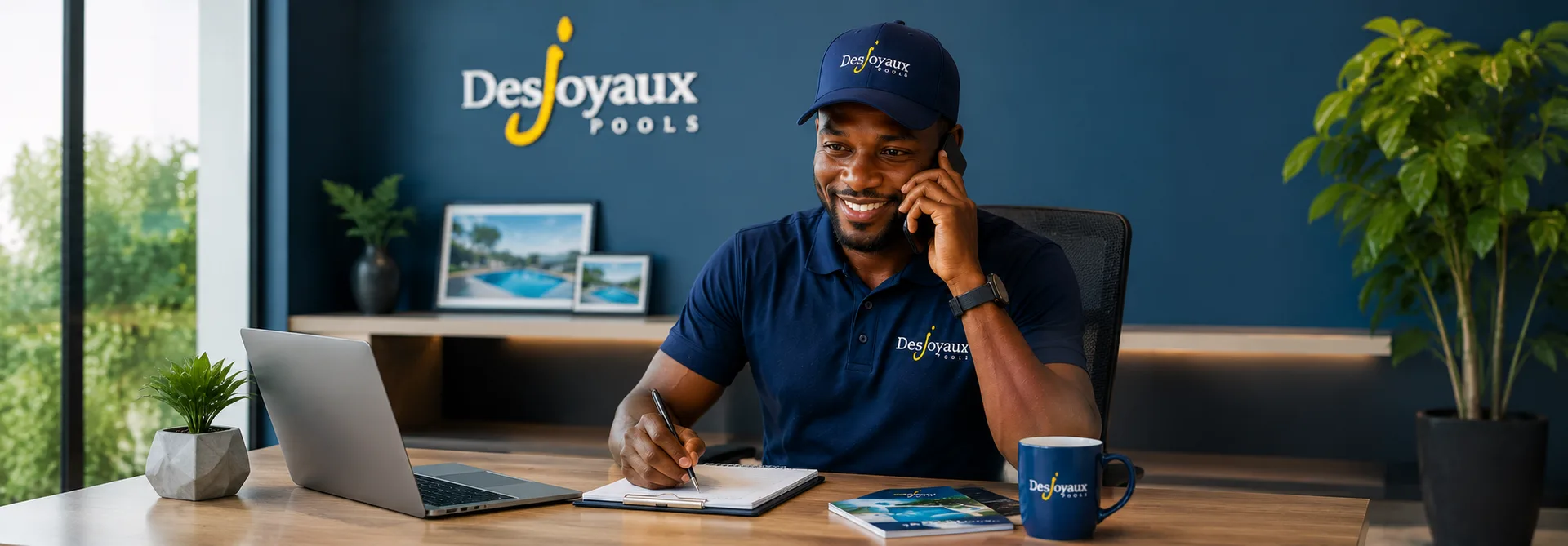 a Desjoyaux team member taking a phone call at a desk