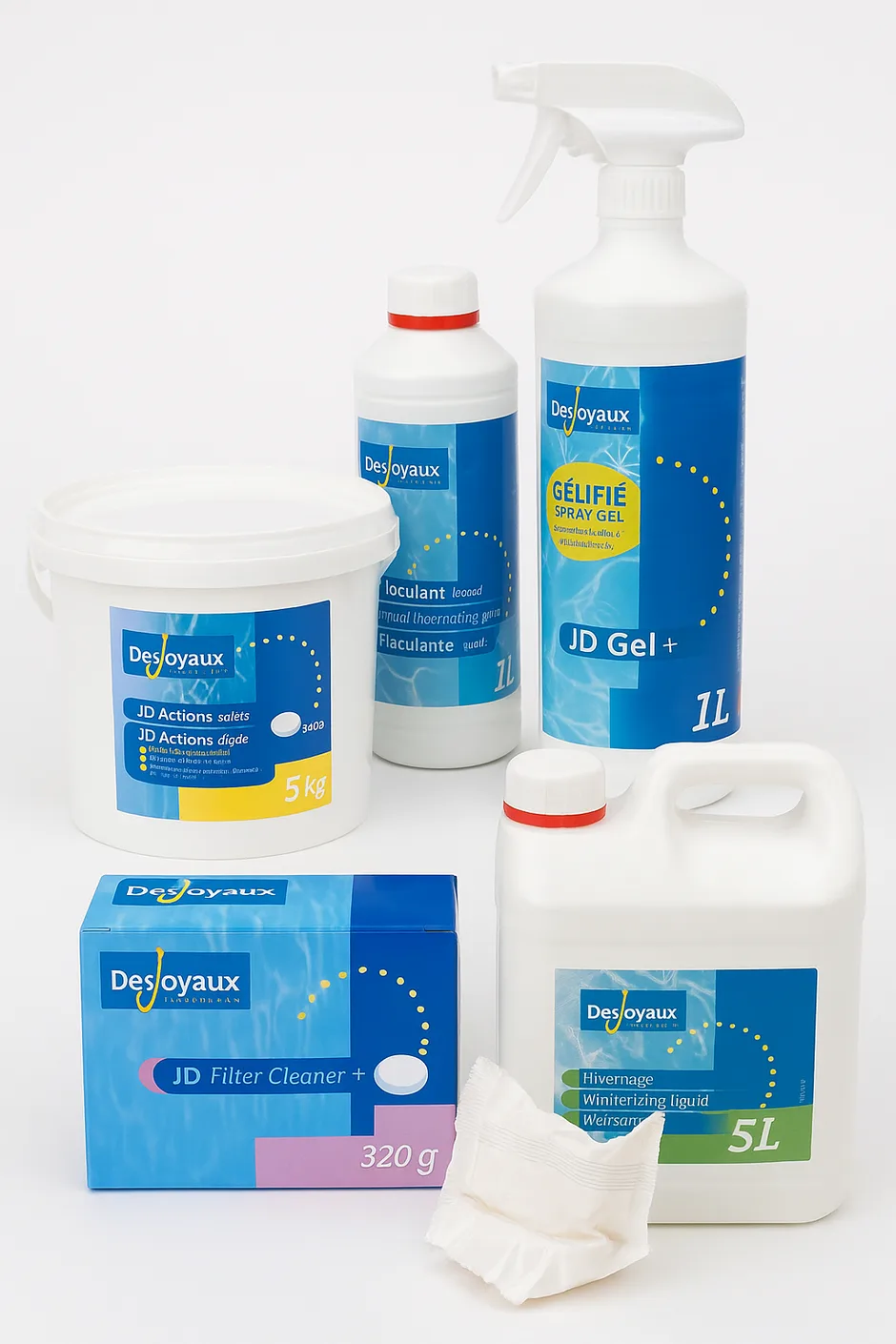 a range of Desjoyaux pool chemical products